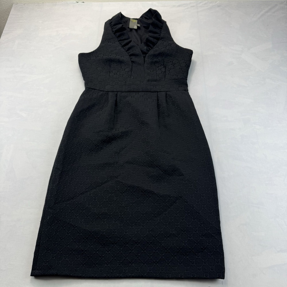 Taylor Women's Size 6 Black Textured Sleeveless Ruffle V Neck Sheath Dress